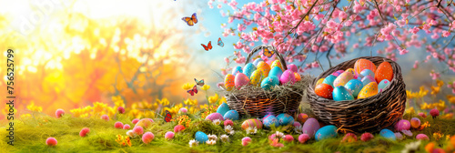 Easter Bunny Decorated Eggs Adorable Rabbit Spring Color Copy Space Banner Header © mexitographer