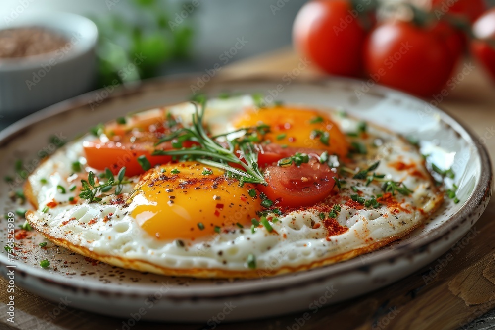 Tasty fried eggs seasoned with herbs and spices served on a decorative ceramic plate, perfect for a gourmet breakfast or brunch Tasty fried eggs seasoned with herbs and spices served on a decorative ceramic plate, perfect for a gourmet breakfast or brunch