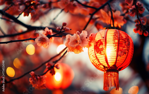 Blooming cherry blossoms and festive lanterns,created with Generative AI tecnology.