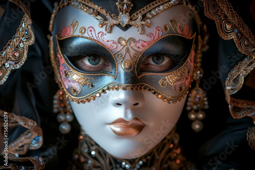 Intricate Venetian mask featuring black and gold ornamentation and a mysterious gaze