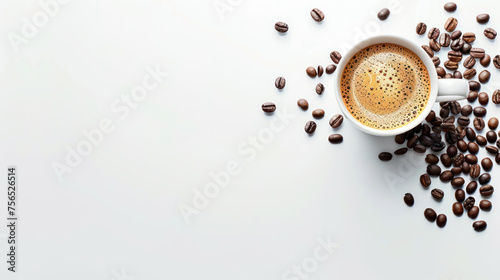 Espresso and Coffee Beans on a White Table with Gentle Overhead Light