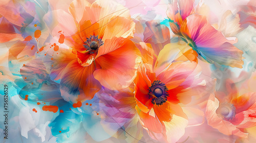 Fluid abstract expressionism, blooming flowers, Aesthetics colorful floral inspirational tenderness illustration, oil paint, Wall decorative photo, Generated AI.