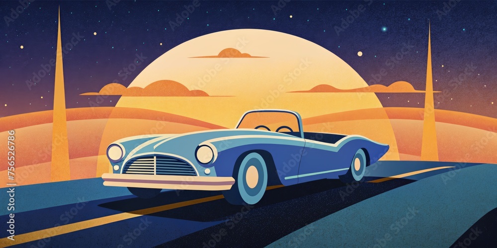An antique convertible with headlights piercing the twilight haze.