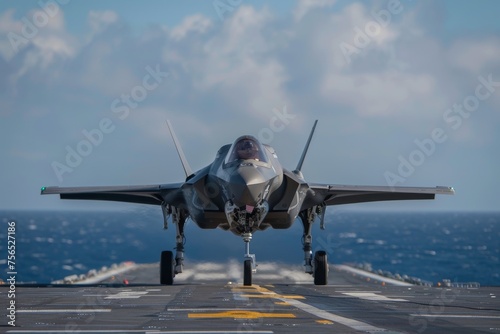 F-35 fighter jet during pre-takeoff checks on aircraft carrier © Georgii