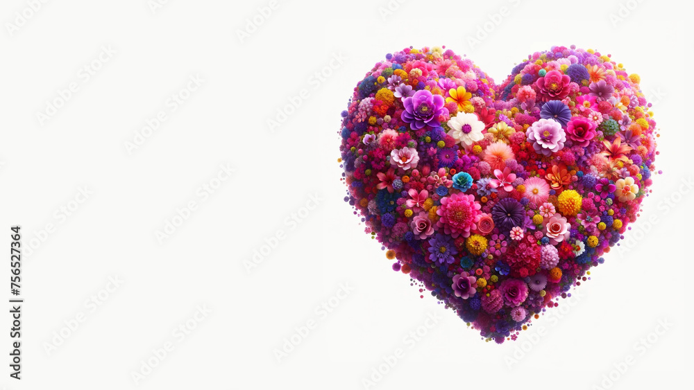 A vibrant and lovely heart-shaped bouquet on a white background.