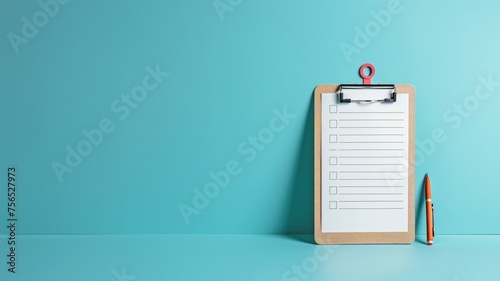 Blank checklist on clipboard with orange pen on blue