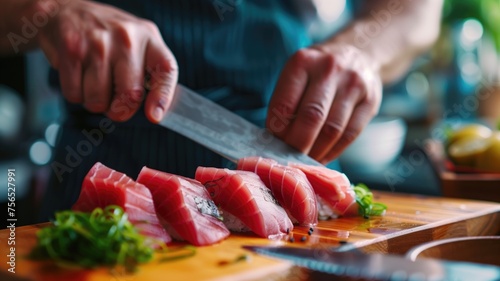 Chef slicing fresh tuna sashimi on wooden board, culinary art