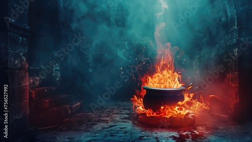 A cauldron over flames in a mystical setting