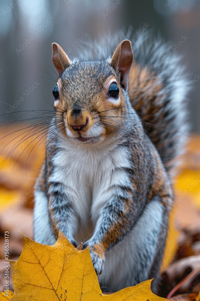 Obraz premium Curious squirrel standing upright with leaf in front