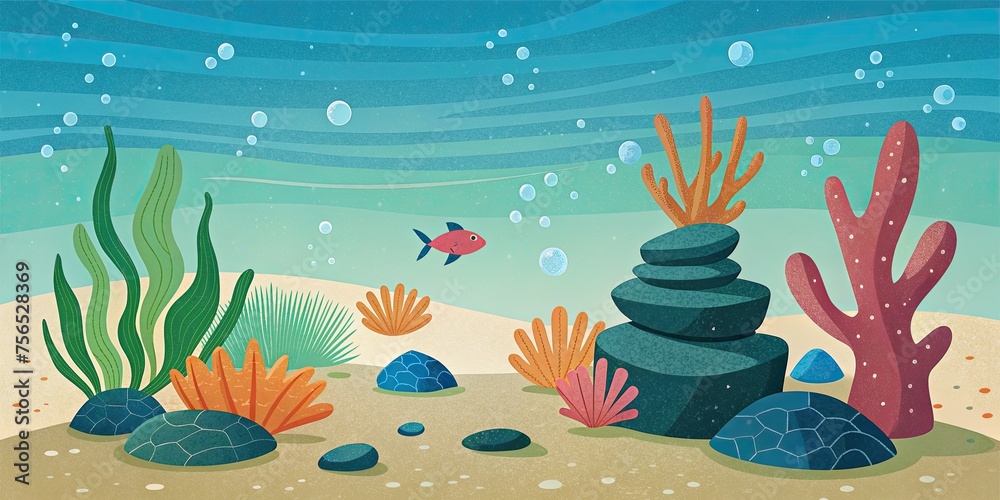 Underwater scene with stones, algae and fish.