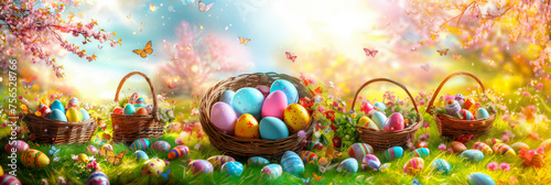 Easter Bunny Decorated Eggs Adorable Rabbit Spring Color Copy Space Banner Header © mexitographer