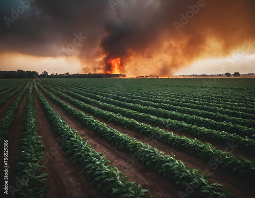 Field on fire at sunset