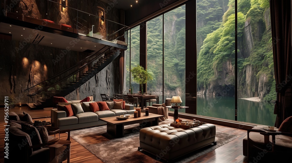 Fototapeta premium Luxury living room interior with glass wall and wooden floor