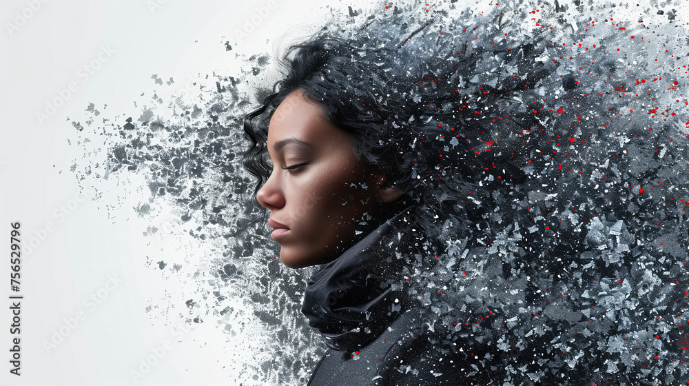 Fototapeta premium Evolving Essence - A woman's visage fractures into a digital constellation, embodying the shift to a digital being.