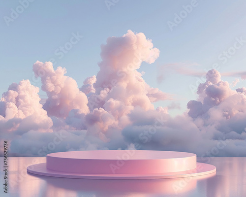 Sleek pink stand on a 3D cloud platform pastel sky stretching beyond