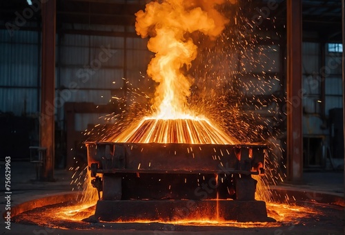 Burning threw before pouring for special forms. The hot slag of the copper is pouring to the large melting pot photo