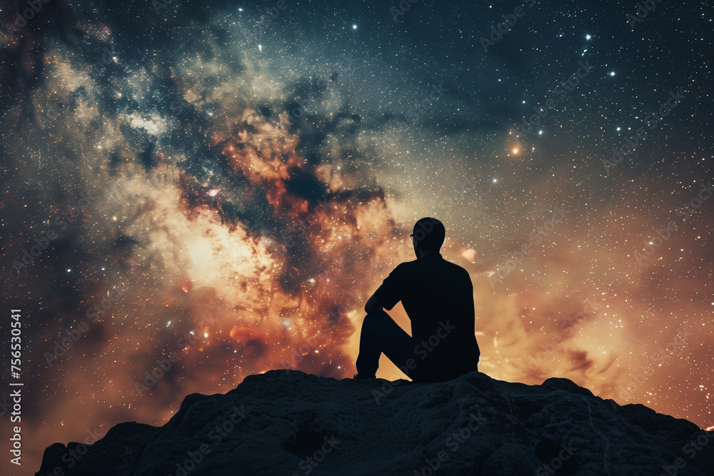 Obraz premium Silhouetted Individual Contemplating Expansive Universe, Symbolizing Inner Potential and Cosmic Connection