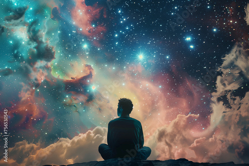 Silhouetted Individual Contemplating Expansive Universe  Symbolizing Inner Potential and Cosmic Connection