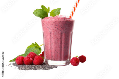 Berry smoothie with chia seeds, flax seeds and spinach served in a tall glass with a straw, Isolated on transparent background. photo