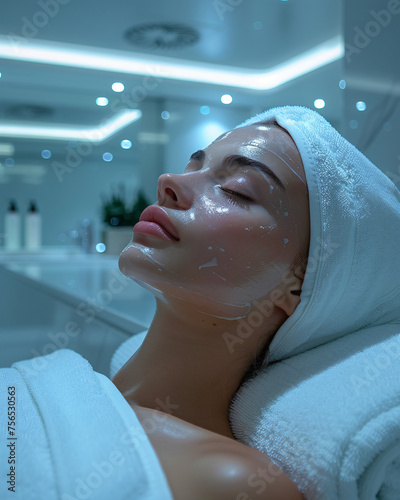 High quality, beauty photograph of a beautiful Italian lady receiving beauty treatments in a white spa, the image is high key, clean, in shades of white with a pale torquoise background