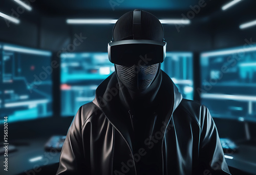 Hacker in a black mask on a futuristic background. Close-up, virtual reality
