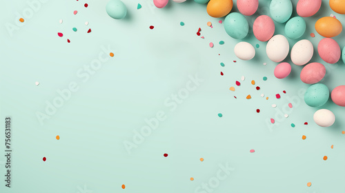 Easter frame backgrouns with copy space for text. Decorated with colorful eggs and spring flowers.3D render-style inspiration. Easter template, mockup