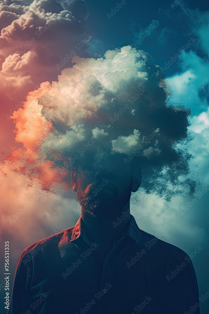 Person with Cloud of Smoke Overhead. Abstract Representation of Loneliness and Depression, Sadness, Unhappiness, Solitude, and Anxiety, Isolated on Colorful Background