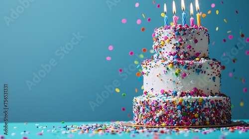 A close-up of a vibrant, three-tiered birthday cake with rainbow sprinkles, candles aglow, set against a solid blue background