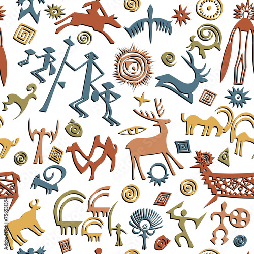 A series of petroglyphs, cave drawings, vector design, seamless pattern	