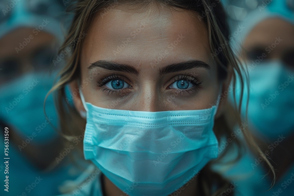 Portrait of a woman with arresting blue eyes wearing a surgical mask amidst a medical setting Portrait of a woman with arresting blue eyes wearing a surgical mask amidst a medical setting