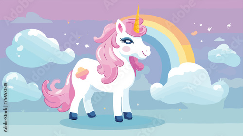 Cute unicorn cartoon with sky background flat vector