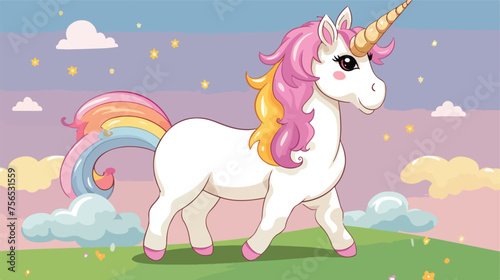 Cute unicorn cartoon with sky background flat vecto