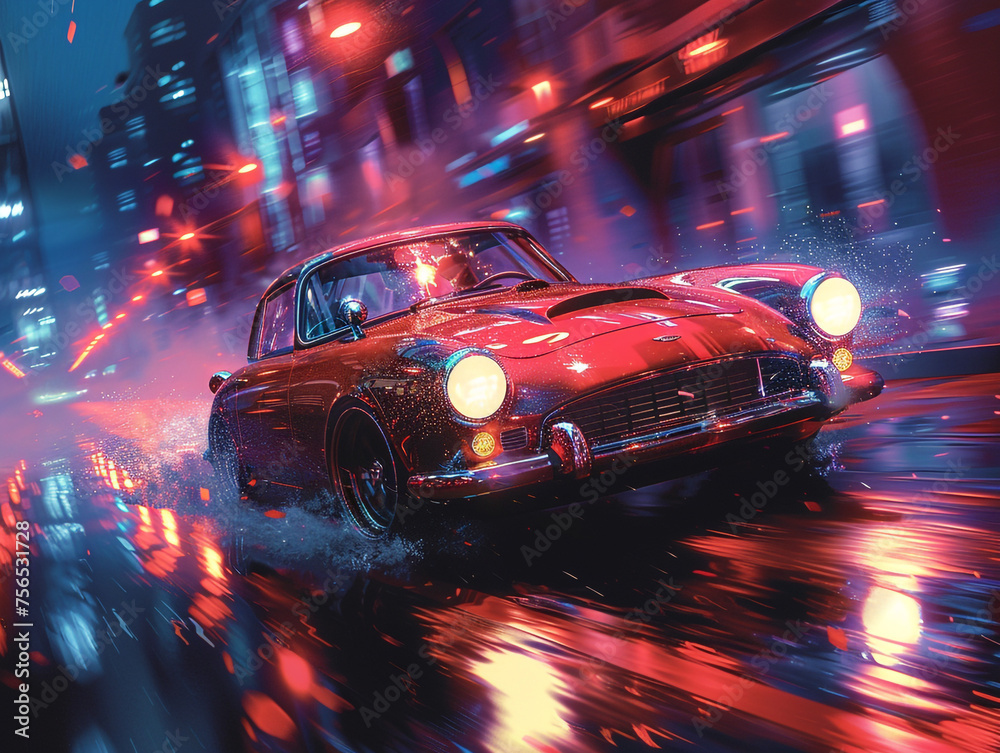 A retro car speeds through the rain in a small town at night. The reflection of neon light is refracted on the car body.