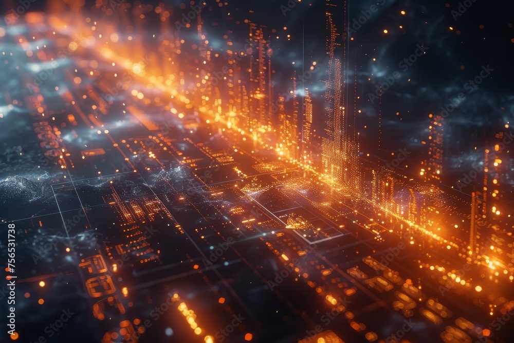 A dynamic representation of a futuristic cityscape with glowing lines symbolizing data and technology