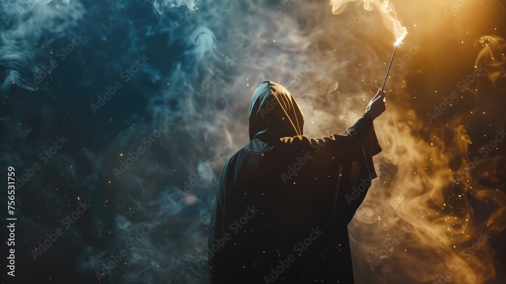 Mysterious figure casting spells surrounded by magical smoke and sparks - obrazy, fototapety, plakaty 