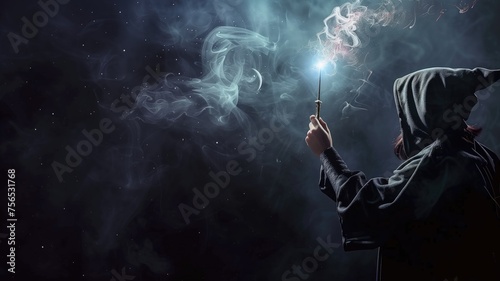 A mysterious figure wields a glowing wand amidst swirling smoke  invoking a magical aura