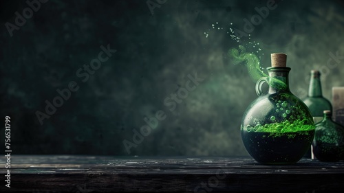 Green potion bubbles mysteriously in a glass flask, evoking a sense of alchemy and magic photo