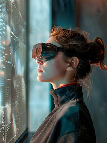 A focused woman in front of a glowing data interface, denoting information analysis or futuristic technology
