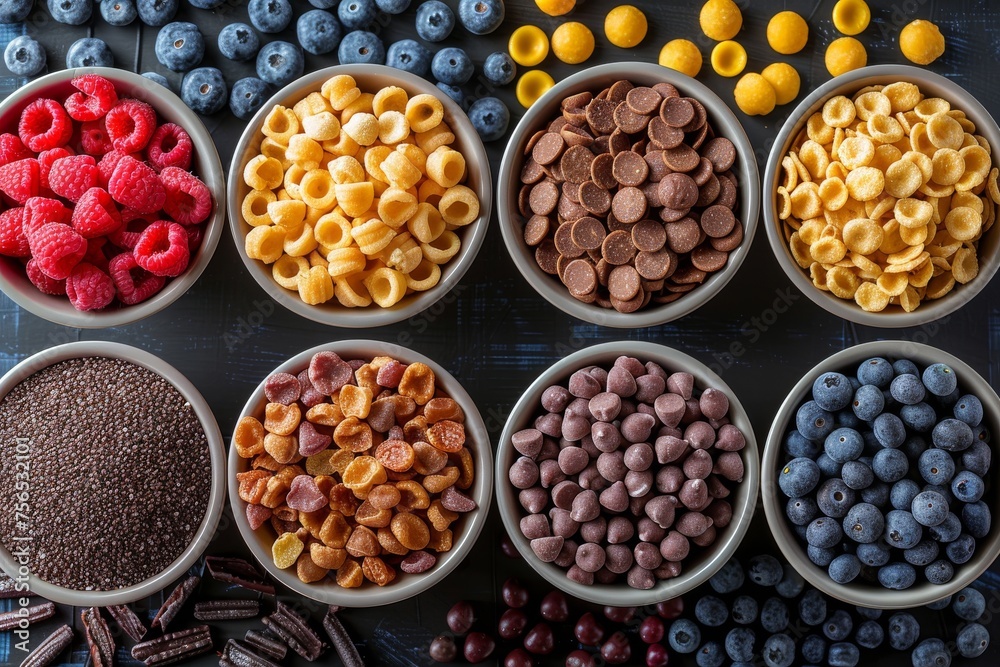 An array of colorful sweets and delightful snacks neatly arranged in bowls, offering a visual feast of edible treats An array of colorful sweets and delightful snacks neatly arranged in bowls, offering a visual feast of edible treats