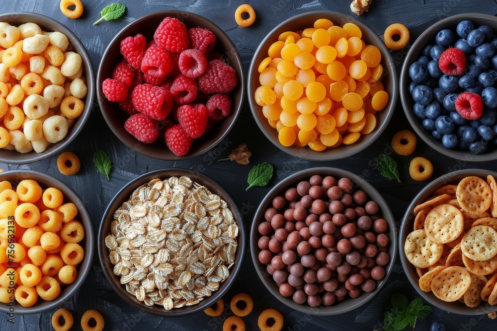 Top view of a neatly organized selection of dried fruits, snacks, and berries in circular bowls on a dark surface