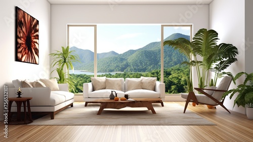 Modern living room interior design with sofa and plant - 3D Rendering © Daisha