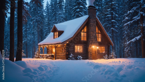 House in the forest. A quaint cabin in the woods, surrounded by snow-covered trees, with a smoking chimney and warm lights shining from the windows