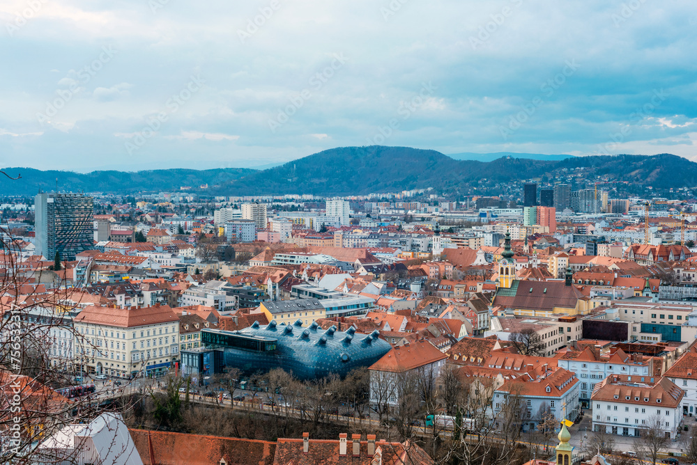 Aerial view of city of Graz at winter, Austria