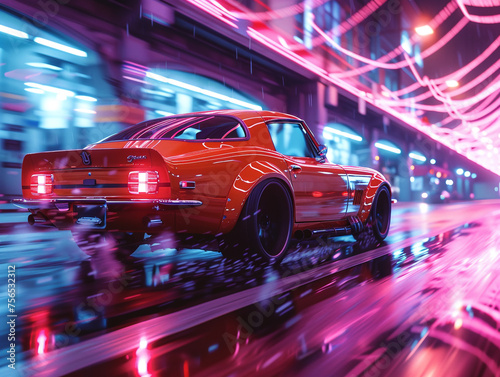A retro car speeds through the rain in a small town at night. The reflection of neon light is refracted on the car body. © Aisyaqilumar