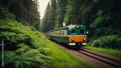 Picture a train speeding through a lush green forest, a harmonious blend of man-made and natural beauty.