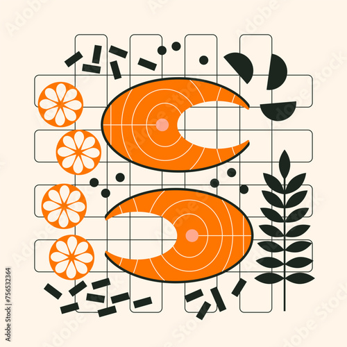 Grill barbecue vector illustration. Top view. Grilled fish and spices. Salmon steak. BBQ picnic party concept. Simple, geometric, modern style. BBQ background for cover, poster, menu, restaurant