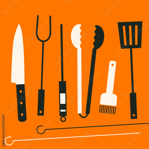 Grill barbecue tools. BBQ tool set grill accessories. Grilling utensils, knife, thermometer, tongs, brush, spatula, fork for barbecue food cooking. Flat, geometric style. Barbecue party. BBQ time