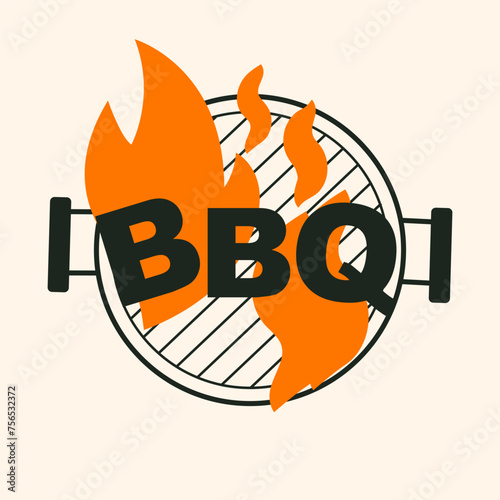 BBQ vector illustration. Barbecue typography sign. Grill icon. Smoke, fire. Top view. Barbecue poster, banner. BBQ time. BBQ background. Sticker, card, flyer, invitation, cover. National Barbecue Day