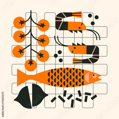 Seafood. Grill barbecue food vector illustration. Top view. Grilled fish, shrimps and tomatoes. BBQ picnic party concept. Weekend. Simple, geometric style. BBQ background for cover, poster, menu.