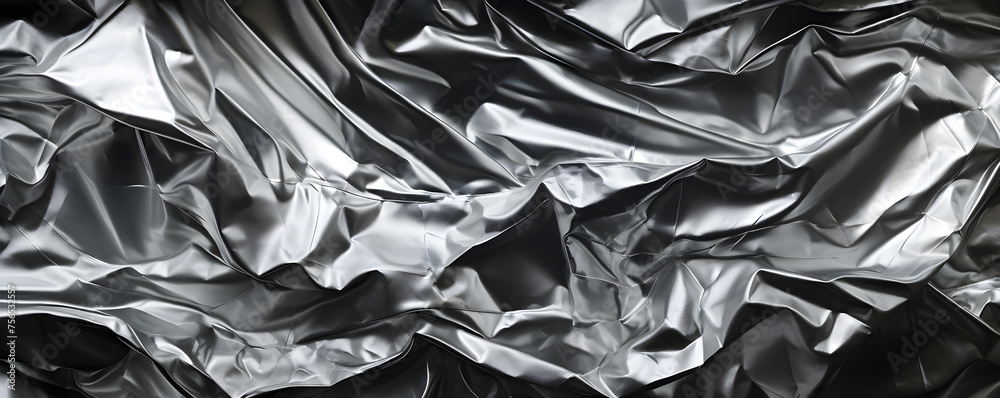 Abstract 3d banner with pattern of silver crumpled foil. Monochrome trending background with wrapping metal paper. Simple modern wallpaper with copy space. Template for design card, pattern, banner. Abstract 3d banner with pattern of silver crumpled foil. Monochrome trending background with wrapping metal paper. Simple modern wallpaper with copy space. Template for design card, pattern, banner.